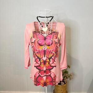Gorgeous vintage y2k butterfly long sleeve babydoll top with sequin rhinestones